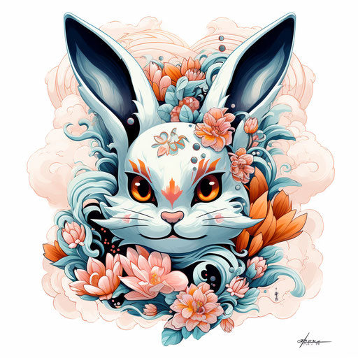 White bunny tattoo in anime style, colorful and unique
