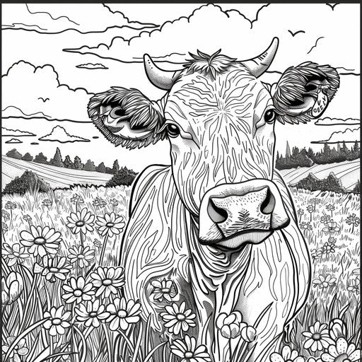 A smiling cow in a meadow, in the style of Jen Bartel, Coloring book page