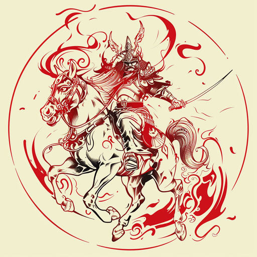 Dynamic flat tattoo sketch for a Sak Yant showing a warrior riding a horse, in bold clipart style