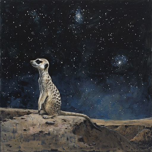 Solitary meerkat under starry night sky, connected with nature, peaceful and contemplative