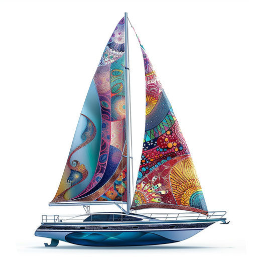 Realistic sailboat clipart on flat white background, vibrant hues and intricate patterns