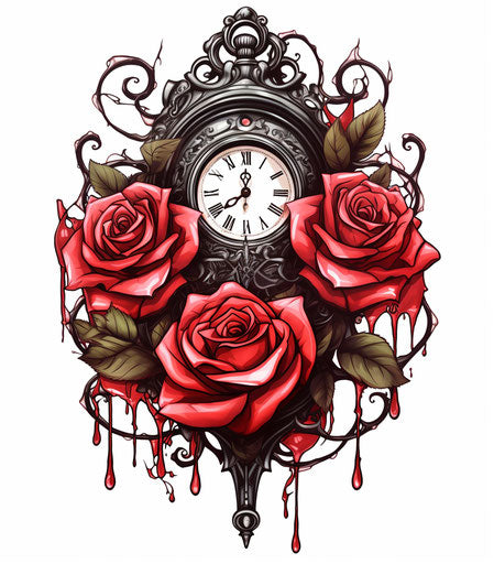 Roses and pocket watch on white background, gothic illustration style