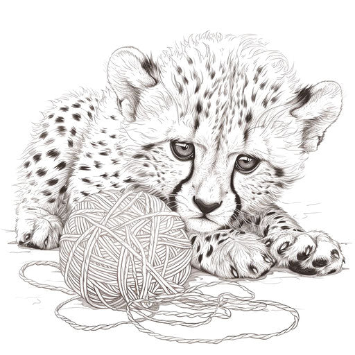 A playful cheetah cub with a ball of yarn