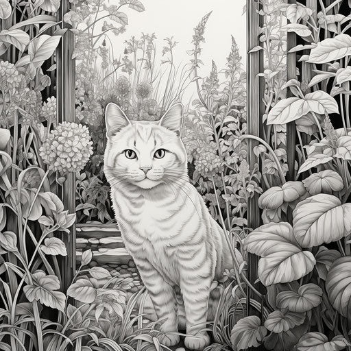 Drawing of a cat in the natural garden, precise linework style