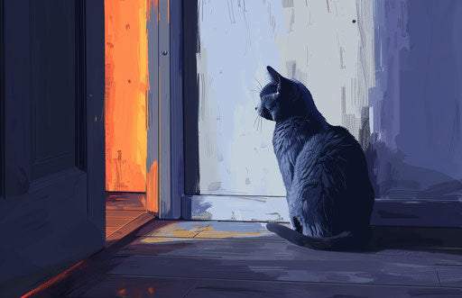 Gray cat sitting next door, style of light purple and light orange, highly polished surfaces, light indigo and amber, energetic and bold