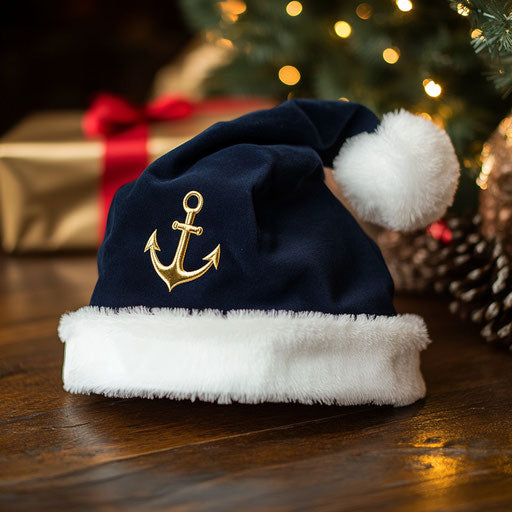 Nautical-themed Santa hat, navy and white, gold anchor
