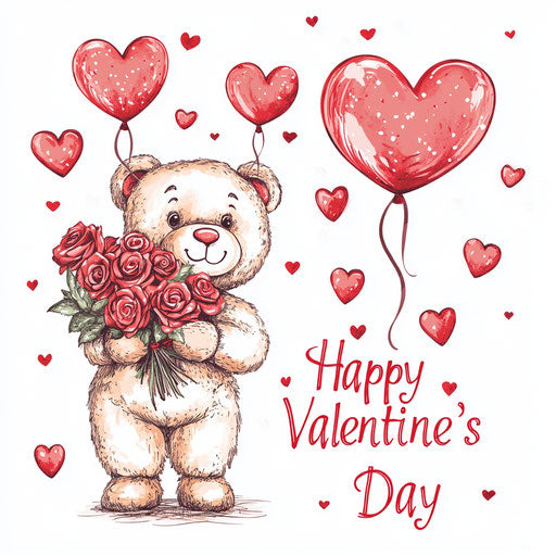 Teddy bear with roses and heart-shaped balloons