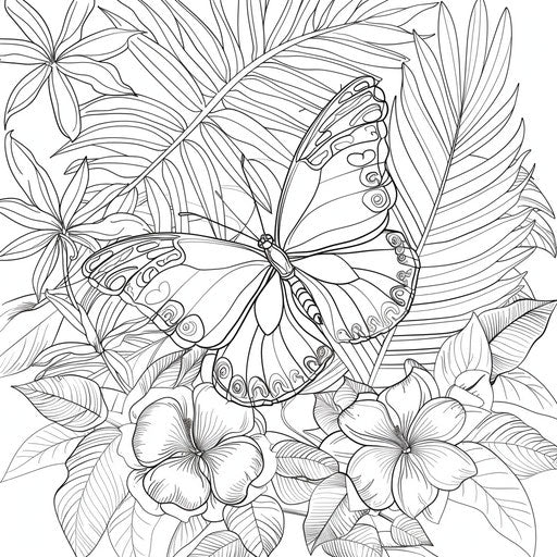 Butterfly in tropical flowers and leaves