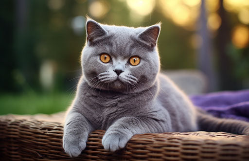 British Shorthair cat on living room bed, dark silver & light indigo