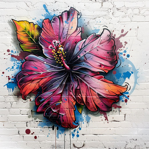 Graffiti style hibiscus tattoo on white brick wall