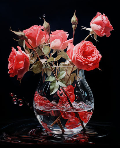 Red roses in acrylic vase with heart flower, animated gif style