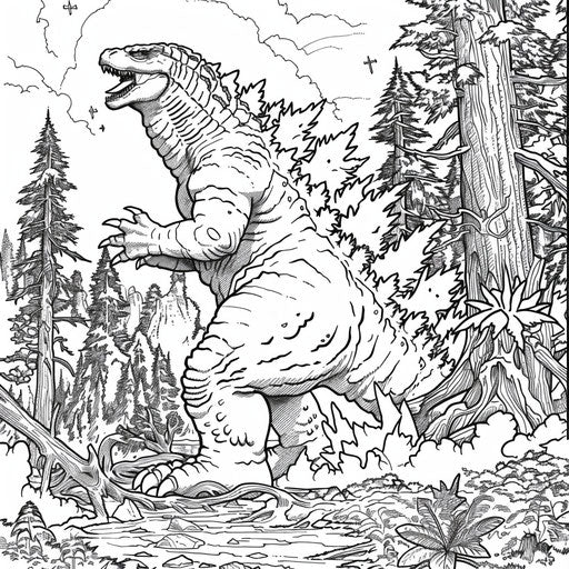 Godzilla emerging from a forest with trees breaking. Coloring book page