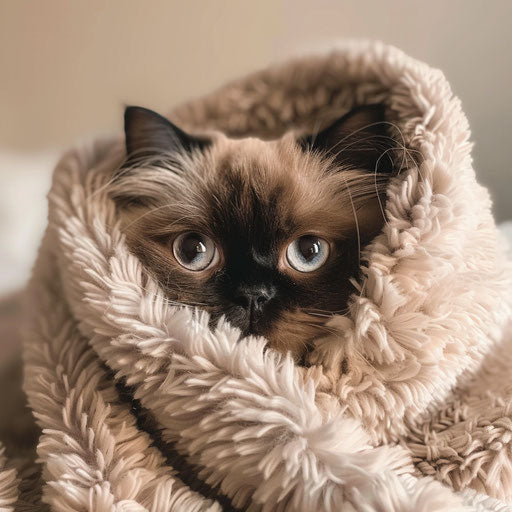 Himalayan cat snuggled in a cozy blanket