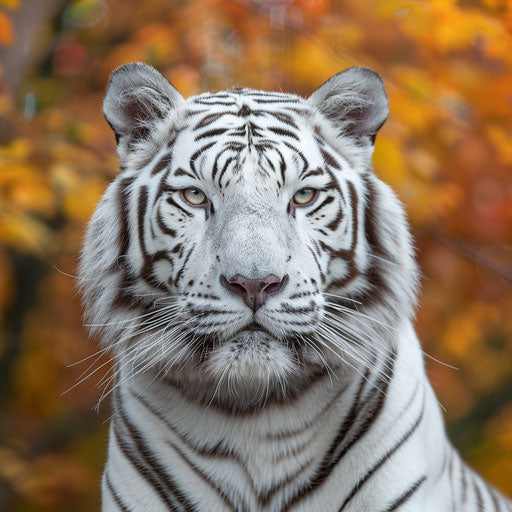 Contrasting beauty of white tiger in vibrant autumn forest.