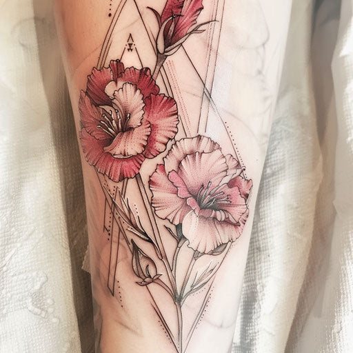 Art deco inspired carnation tattoo on white background