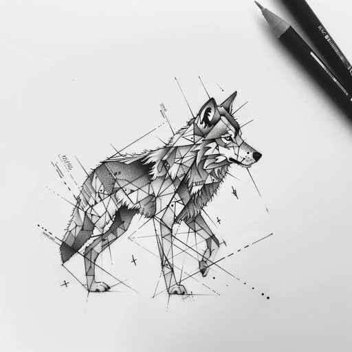 Geometric animal tattoo design, mixing wolf shapes and geometry on white canvas
