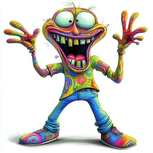 Humorous surprise character caricature, open mouth, long legs, vibrant colors, cartoon style, high resolution, isolated