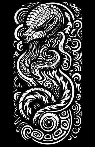 Traditional Hawaiian tattoo, black and white style, elongated art