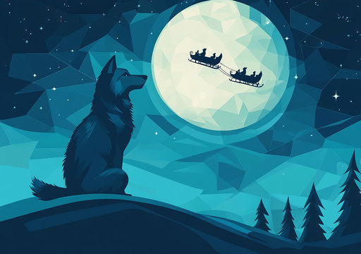 Wolf on the moon, Santa's sleigh flying, Christmas night