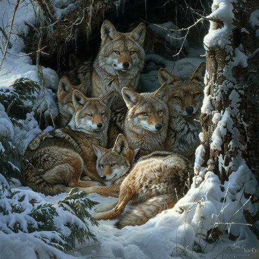 Family of coyotes in a cozy snow-covered den