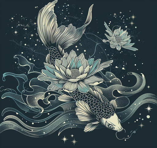 Koi fish in a lotus with waves and stars