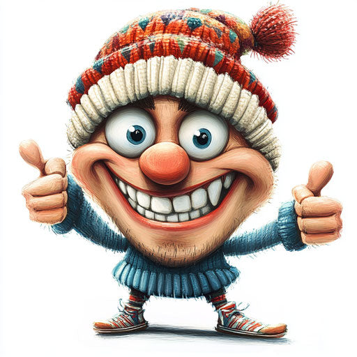 Humorous caricature of a winter hat with human characteristics