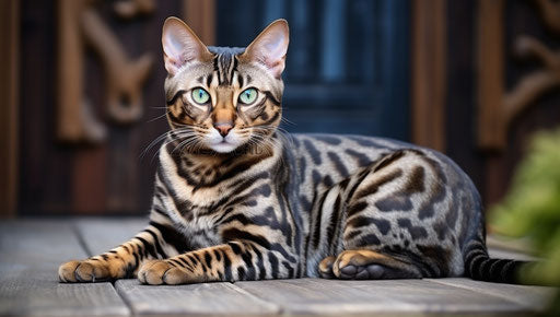 Bengal cat laying outside, dark white, dark silver, geometric shapes, patterns, vortexes, rich texture