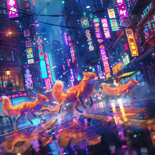 Foxes racing through a city illuminated by neon lights