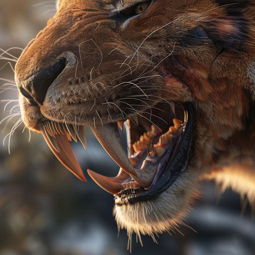 Close-up of a saber tooth tiger's sharp fangs, in the style of Vincent Munier