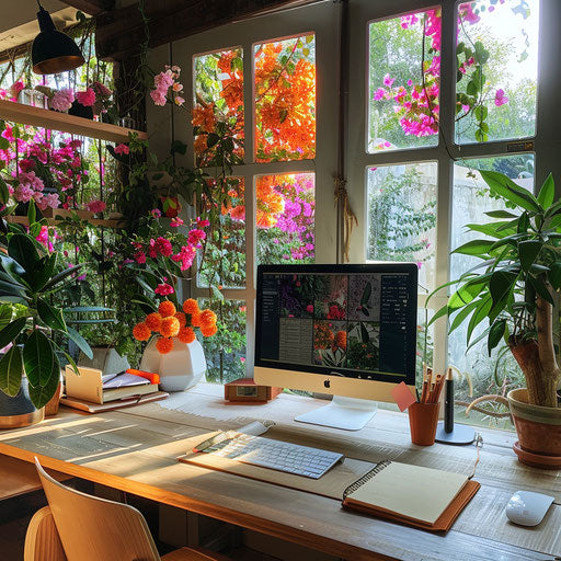 Tidy workspace with computer and a view of blooming garden