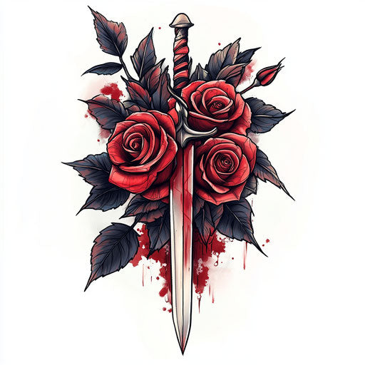 Beautiful clipart style flat tattoo sketch mafia tattoo with blood-red roses and daggers, on pure white background