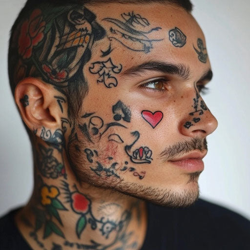 Facial tattoos for men with a tiny heart and banner, in the style of Ed Hardy