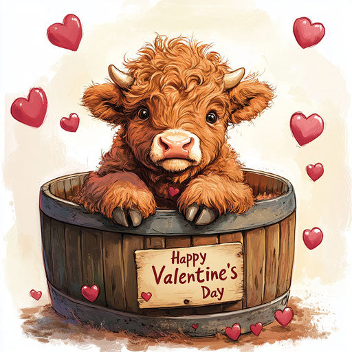 Adorable baby Highland cow in a wooden barrel with a sign saying 'Happy Valentine's Day', surrounded by hearts, in the style of digital art