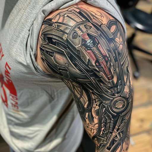 Biomechanical tattoo with superhero themes