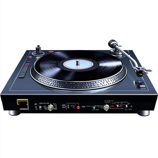 Realistic depiction of a DJ turntable, high resolution, no background, isolated