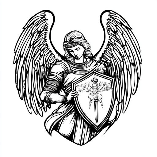 Religious tattoo for men with guardian angel and shield