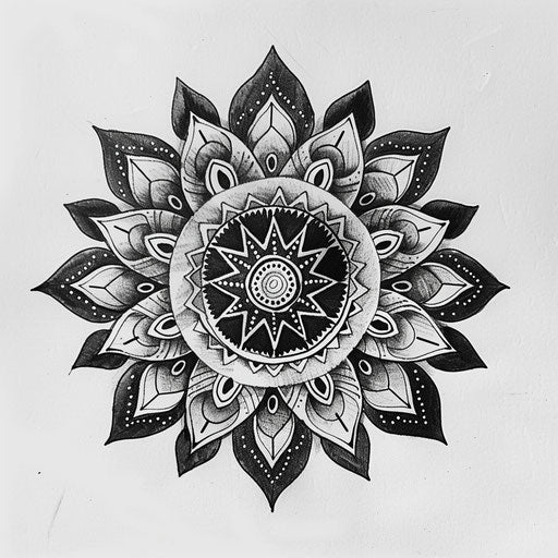 Tranquil flat tattoo sketch of a neo tribal mandala with calming circular patterns