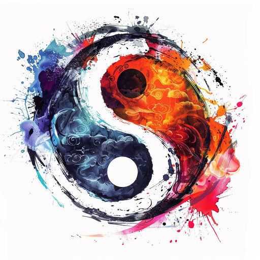 Impressionistic yin and yang tattoo design with loose brush strokes in vibrant colors, on a white background