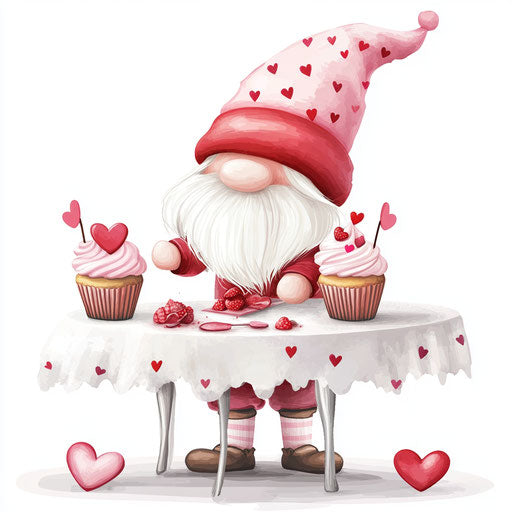 Valentine's Day Gnome making cupcakes with decorations