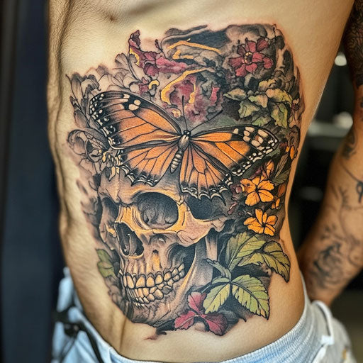 Skull butterfly tattoo on ribcage with a dark fantasy twist
