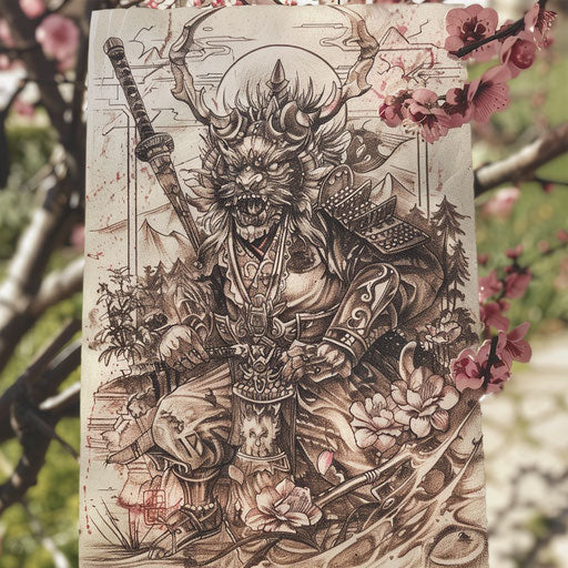 Tranquil sketch of a Japanese demon in a peaceful garden