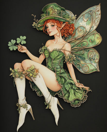 Green fairy with red hair, Irish hat and clover leaves