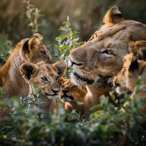 Heartwarming scene of lion cubs playing under the watchful eye of their parents