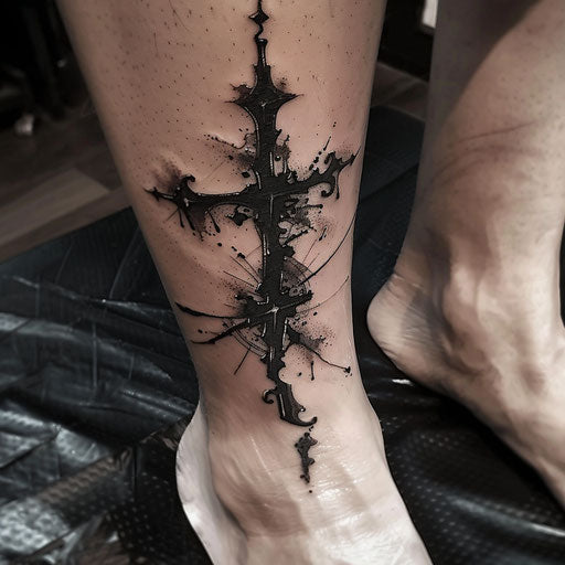Ankle tattoos in the style of Gerald Brom with a dark, gothic cross