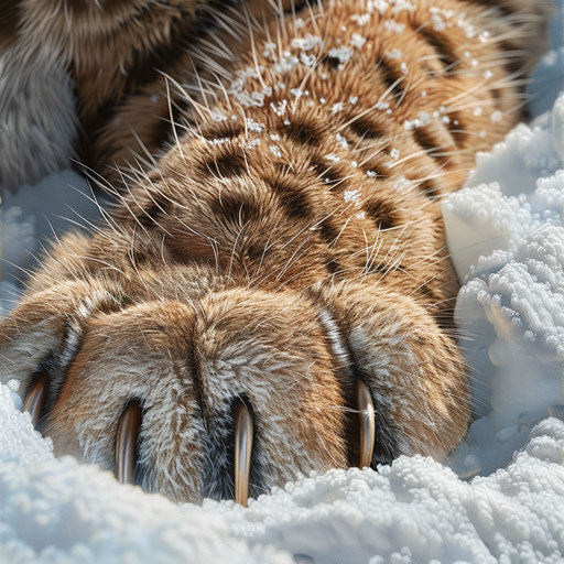 Lynx paw showcasing fur and claws against fresh snow