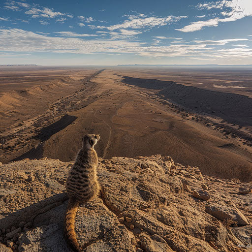 Aerial view of a meerkat scanning the horizon, unique angle, expansive landscape