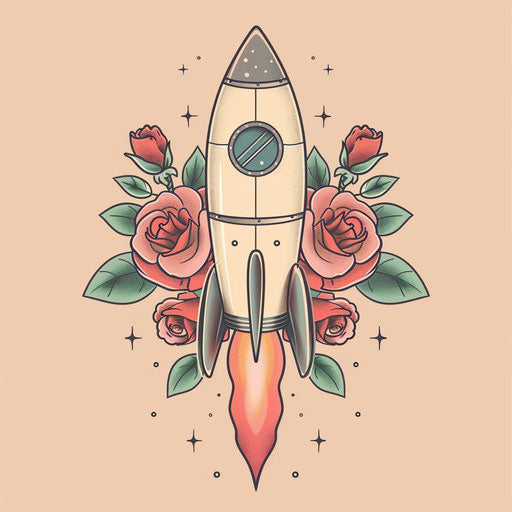 Elegant flat tattoo sketch of a classic rocket