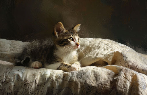 A young kitten on a bed, in the style of whirring contrivances, dark brown and white, petcore, soft-edged, calming, back button focus, the San Francisco renaissance