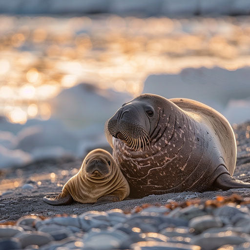 Serene moment between a walrus seal and her cub on a sunlit Arctic beach