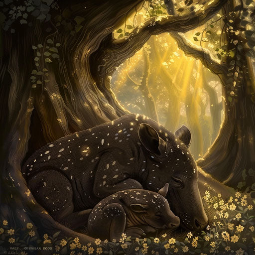 Tapir and baby cuddle in sunlit clearing